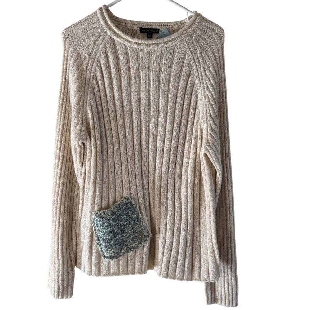 Carolyn Taylor Cream Ribbed Knit Sweater Womens Large Raglan Sleeve Pocket